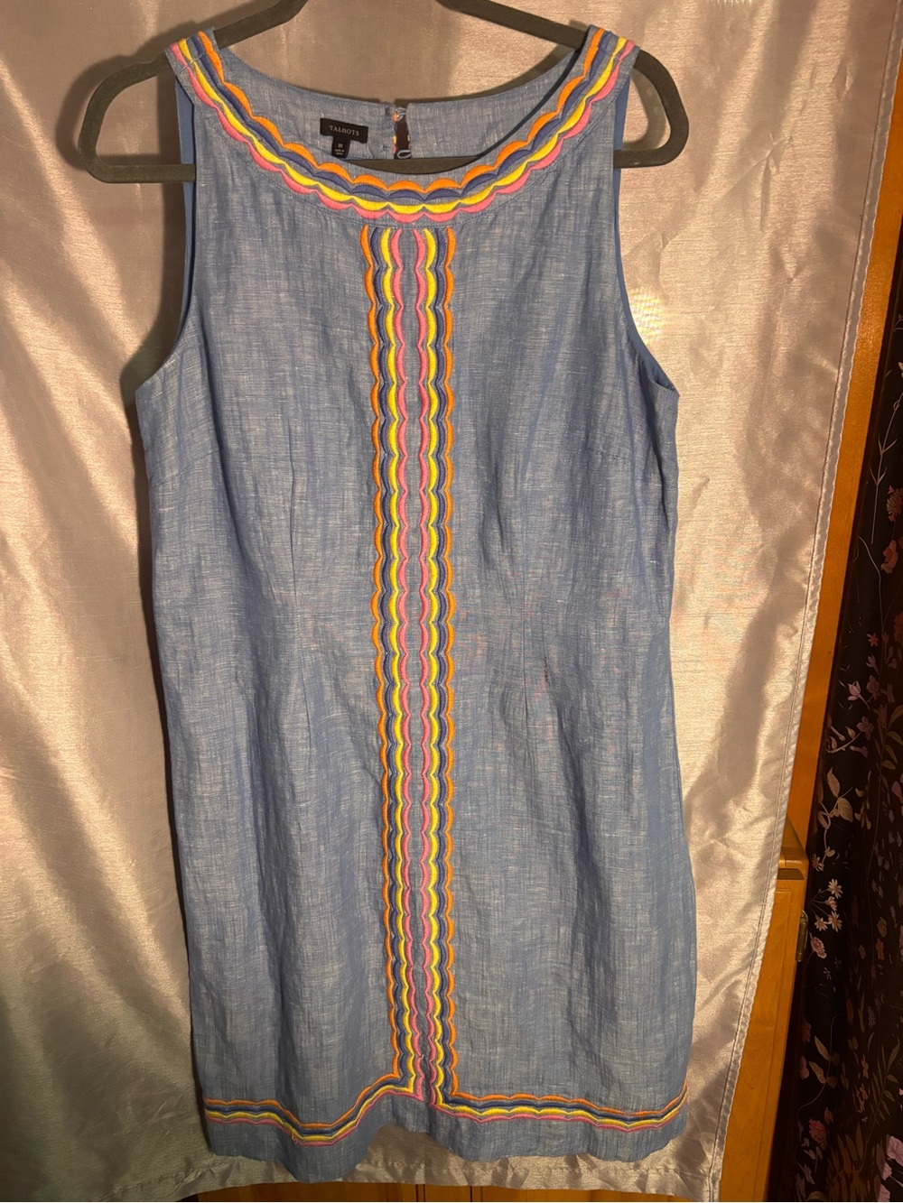 Talbots Light Blue Sleeveless Shift Dress with Multicolor Scallop Trim